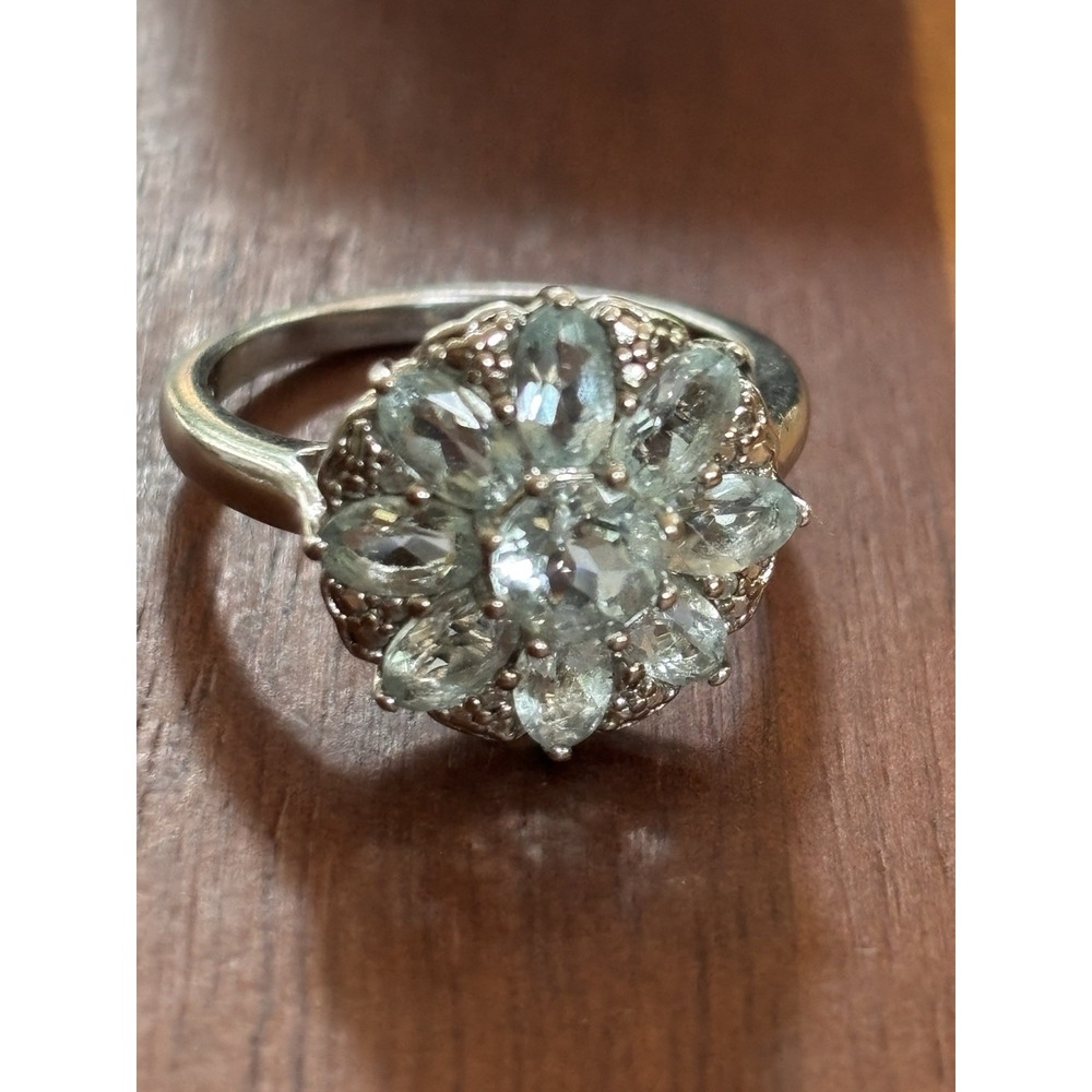 Gorgeous Aquamarine Flower Sterling Silver 925 Ring Size 7.25